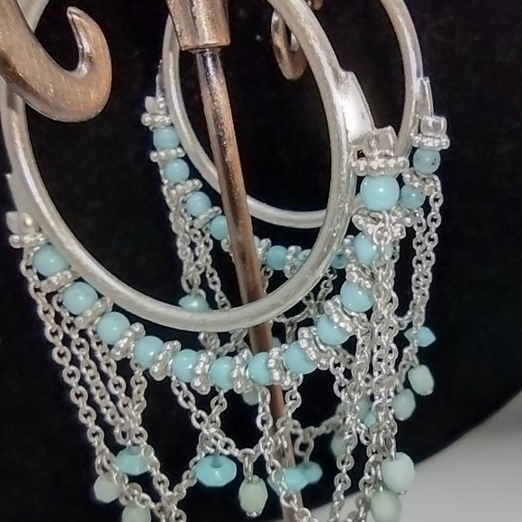 Vintage Turquoise Blue Bead Silver Hoops - Picture 6 of 7